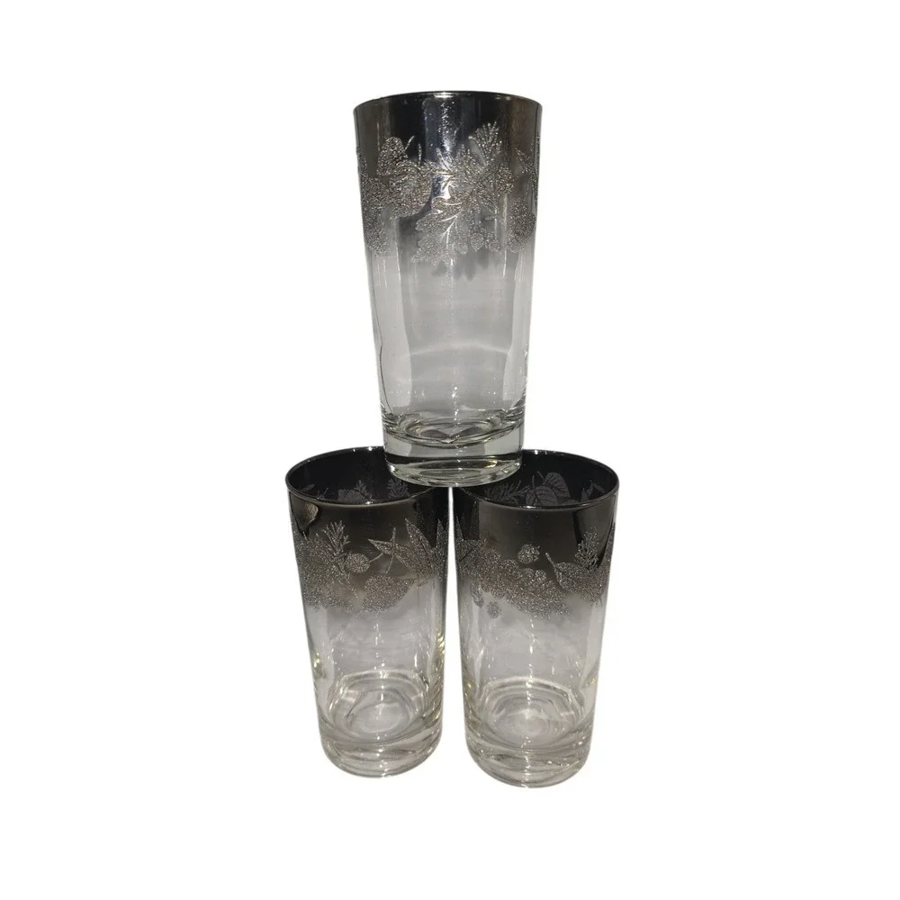 Vintage Silver Rim Highball Glasses Floral Leaf Design Set of‎ 3 Barware